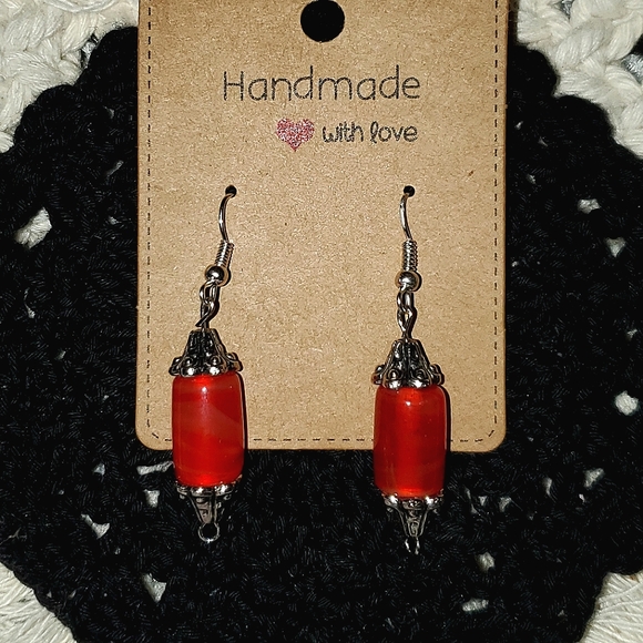 Handmade glass tube beads & silver spacer beads earrings in cinnamon red. - Picture 2 of 3